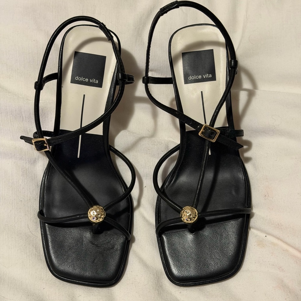 Dolce Vita Black Strappy Sandals with Gold Medallion